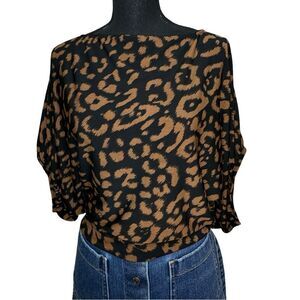 ALBERTO MAKALI Black & Brown Leopard Print Peasant Flounce Shirt Size Small